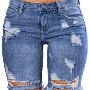 Destroyed Ripped Blue Jean Shorts – Size 8 (Fits 8–10)